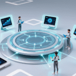 Modern data center corridor with high-density servers supporting AI workloads.