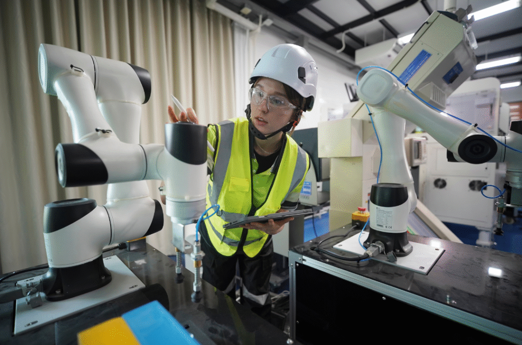 Engineers monitoring advanced power and cooling systems inside an AI-driven data center.