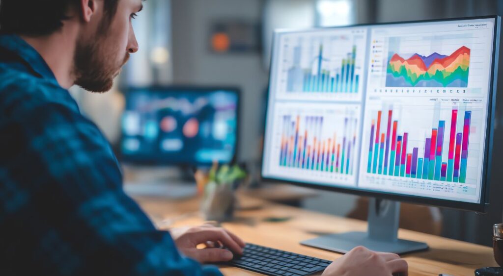 Data center operations analyst reviewing performance metrics and workforce retention data.